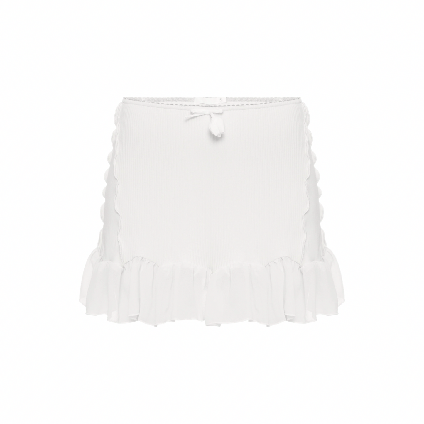 White ruffle skort with tied elastic waistband and layered hem