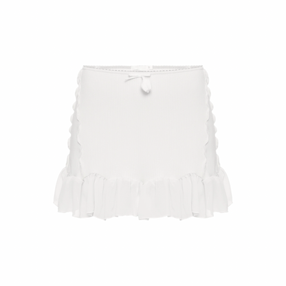 White ruffle skort with tied elastic waistband and layered hem