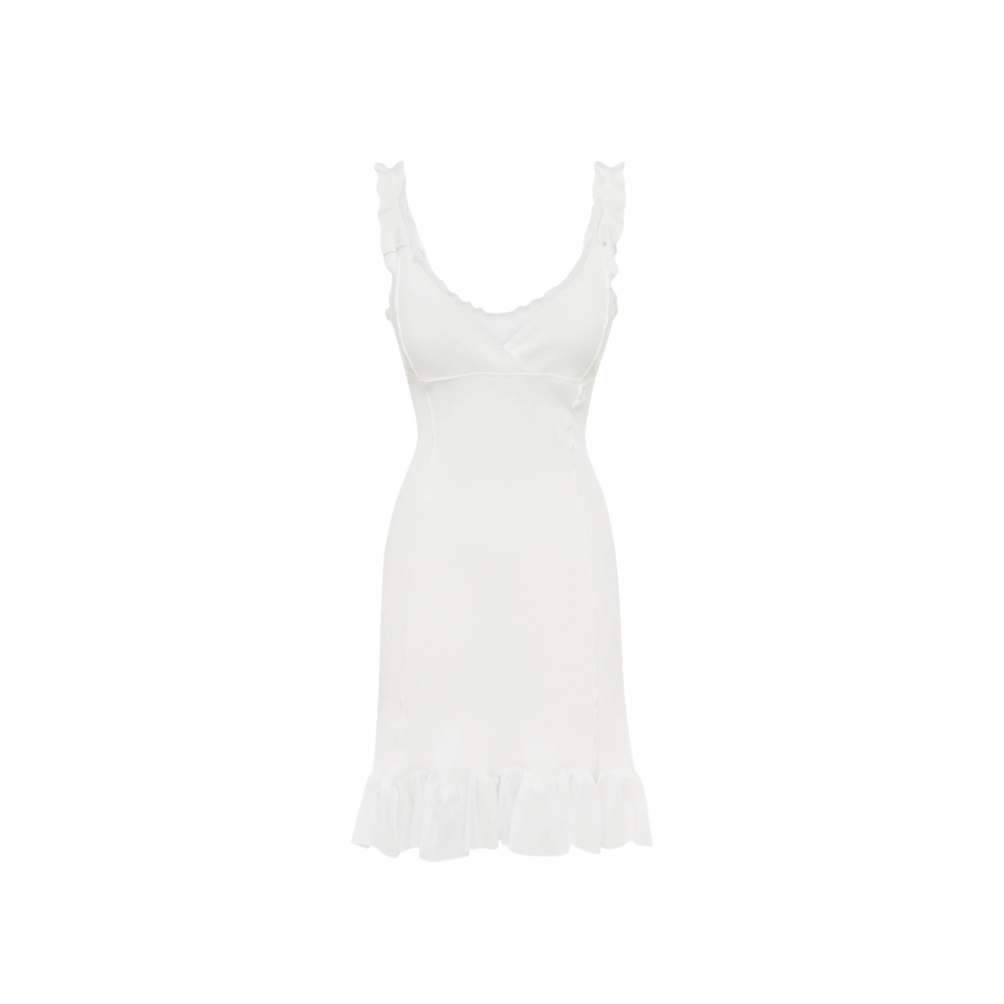 White sleeveless dress with scoop neckline and ruffled hem