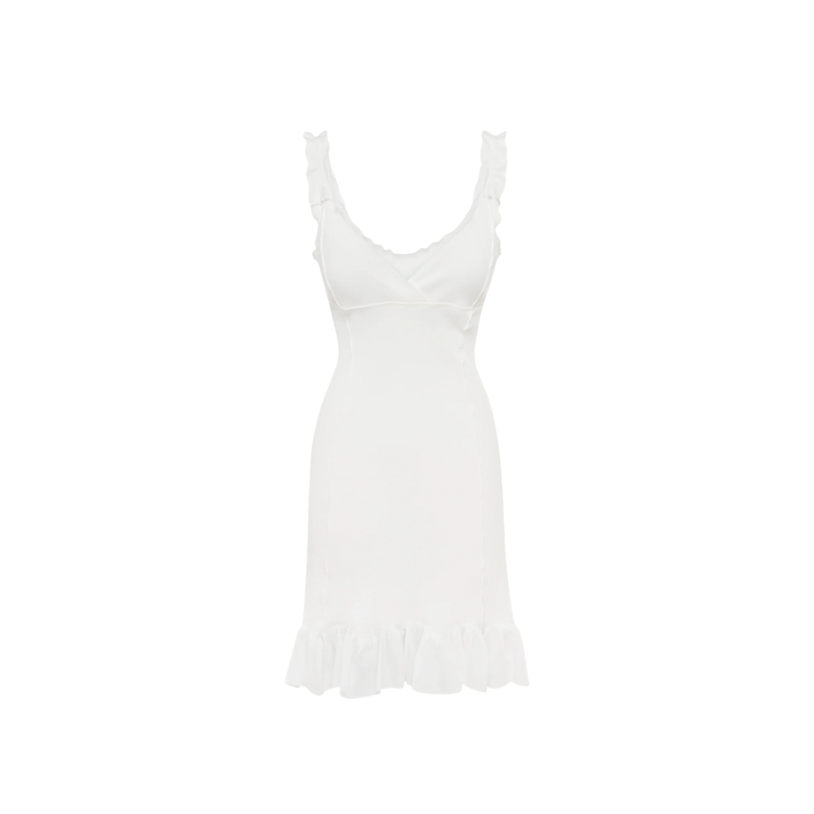 White sleeveless dress with scoop neckline and ruffled hem