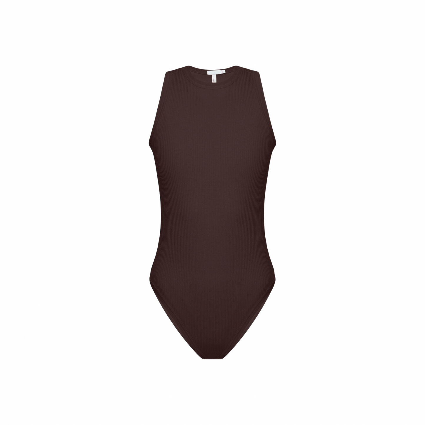 Brown sleeveless bodysuit with round neckline and thong bottom