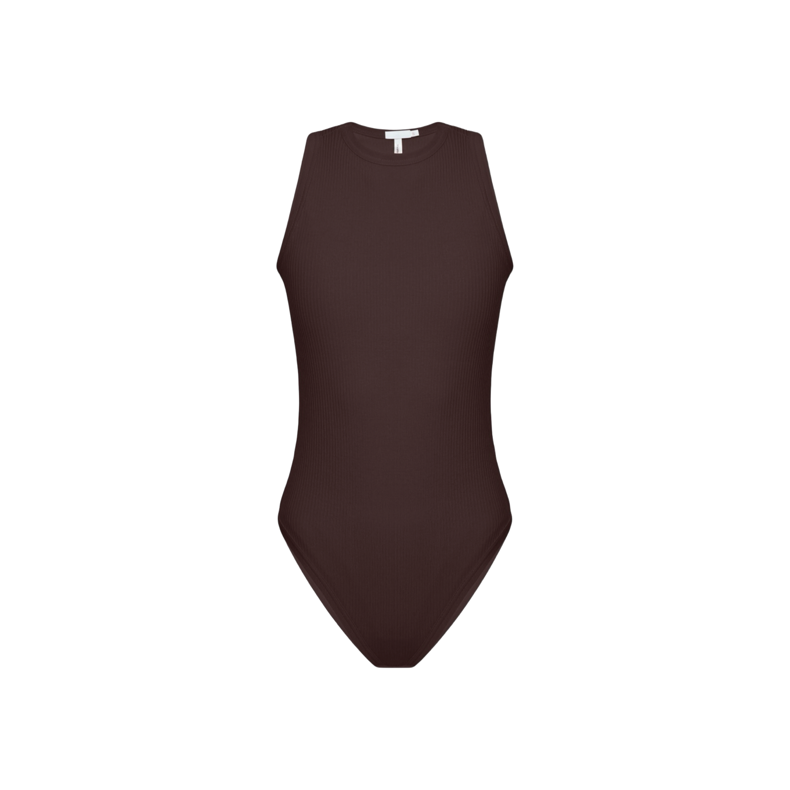 Brown sleeveless bodysuit with round neckline and thong bottom