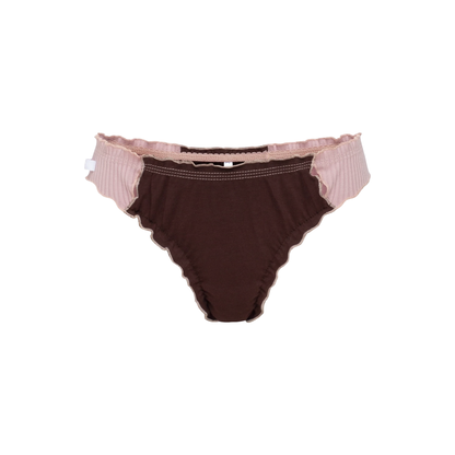 Brown wavy tanga panties with pink ruffled trim