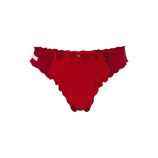 Burgundy wavy tanga panties with ruffled waistband and cheeky fit