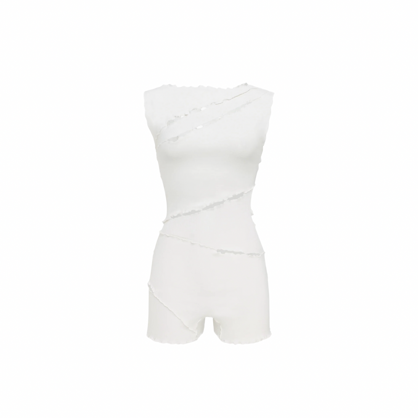 White wavy jumpsuit with sleeveless bodice, fitted waist, and short legs.
