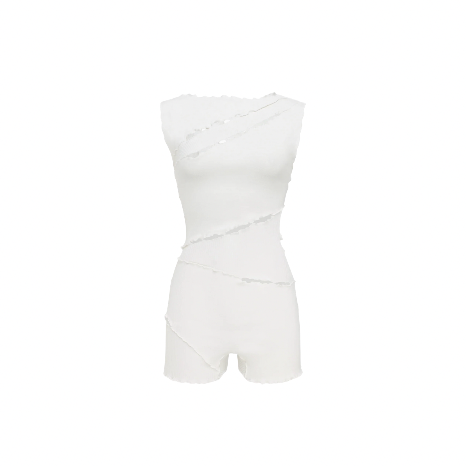 White wavy jumpsuit with sleeveless bodice, fitted waist, and short legs.