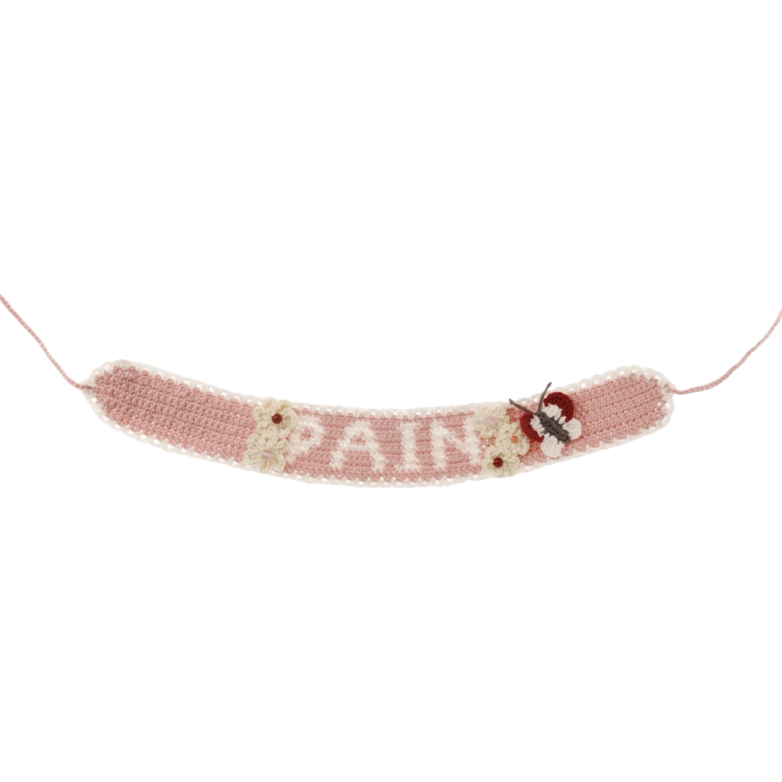 Pink knitted necklace with striped pattern and heart-shaped charm detail