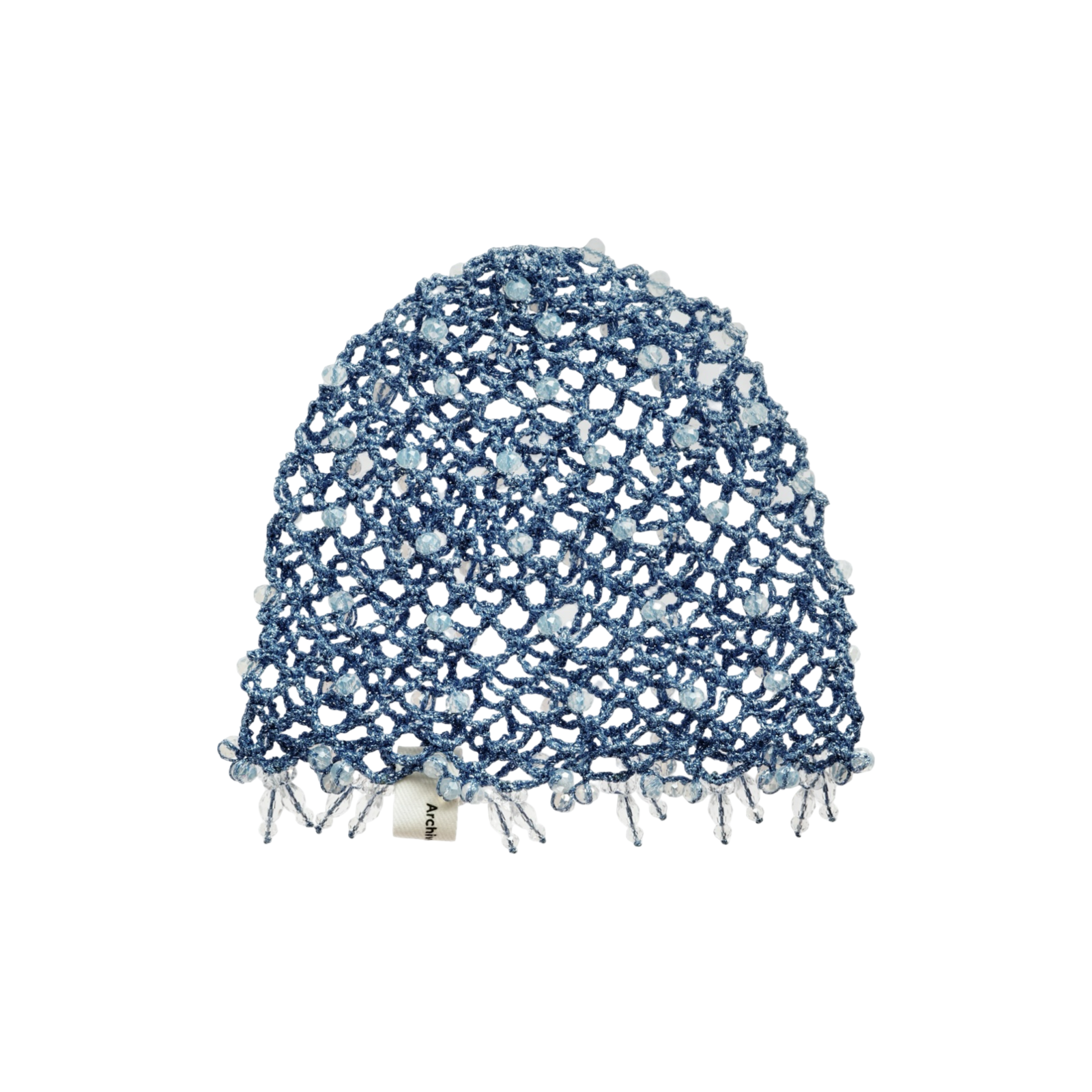 Boho blue mesh hat with short fringe trim