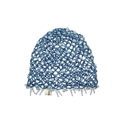 Boho blue mesh hat with short fringe trim