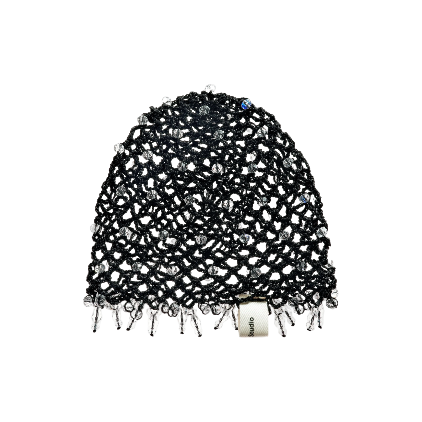 Black boho crochet mesh hat with short fringe brim