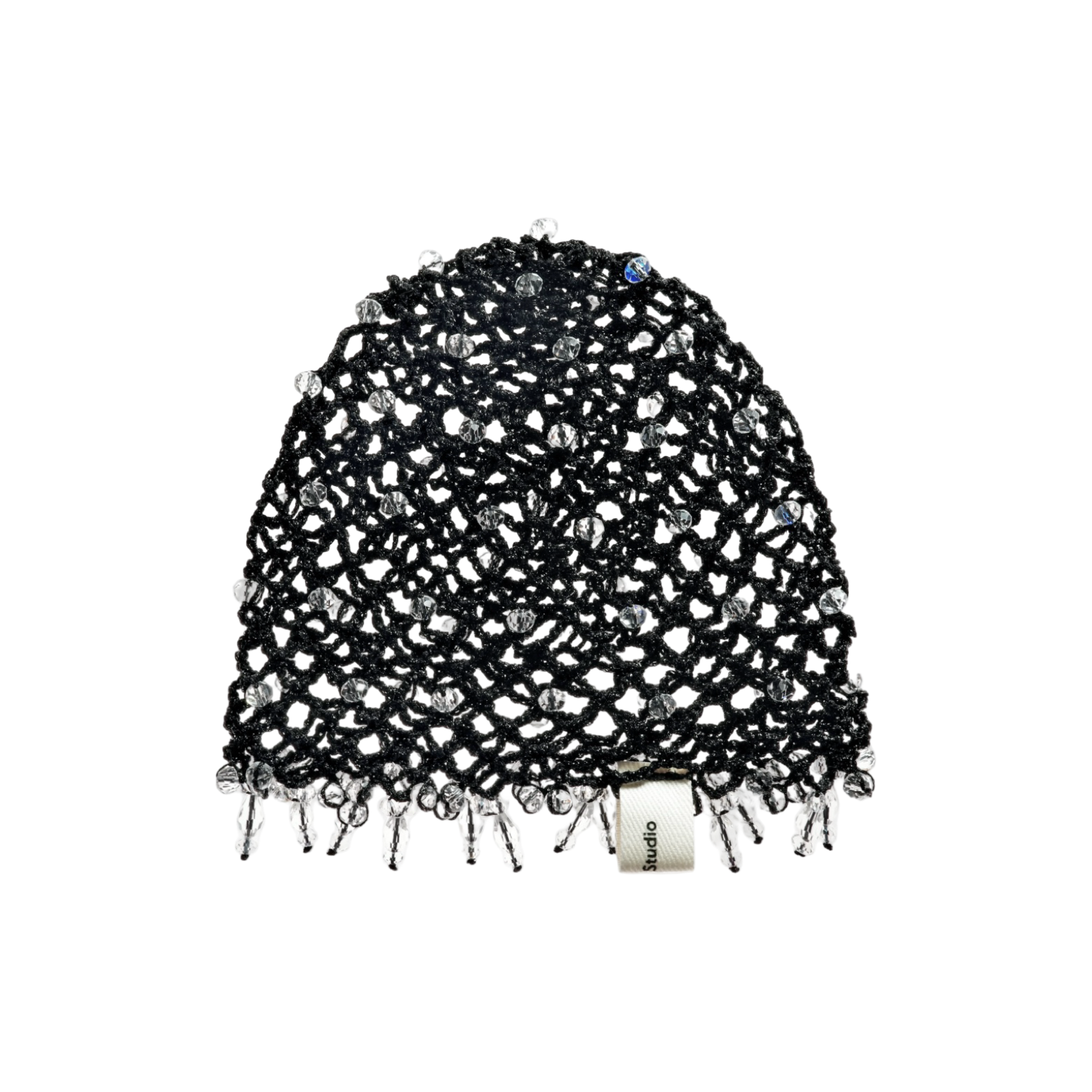 Black boho crochet mesh hat with short fringe brim
