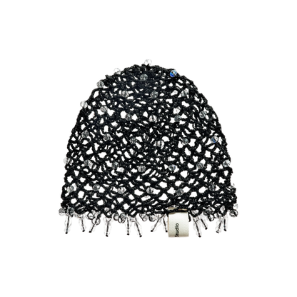 Black boho crochet mesh hat with short fringe brim
