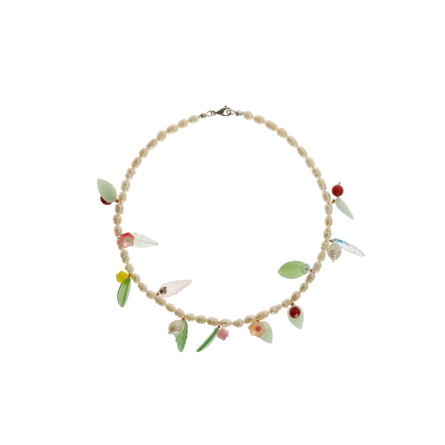 Beaded necklace with leaf and heart charms, red and green accents