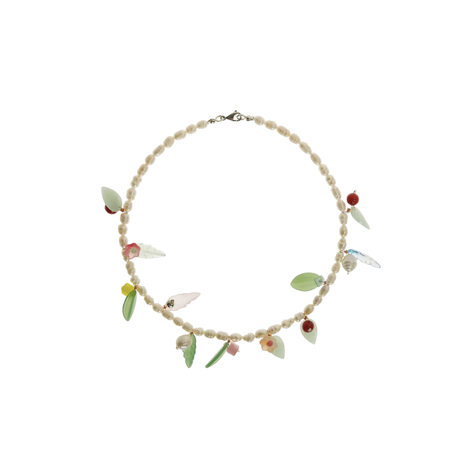 Beaded necklace with leaf and heart charms, red and green accents