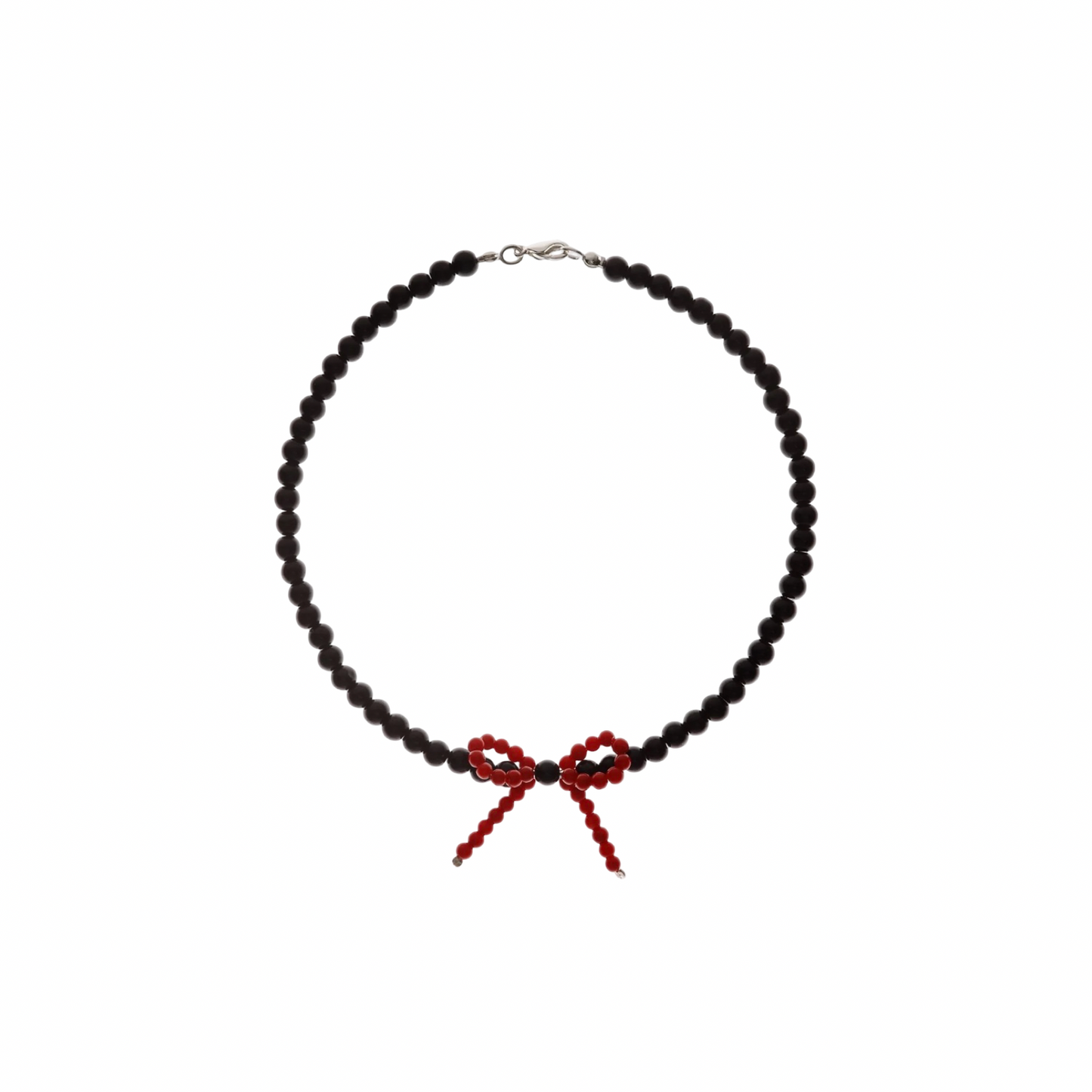 Beaded necklace with black beads and red bow at the front
