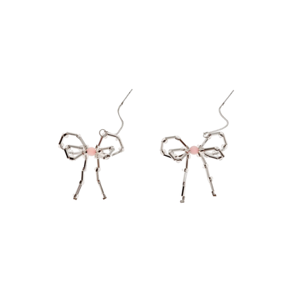 Pair of bow earrings with silver-tone geometric links and pink center beads