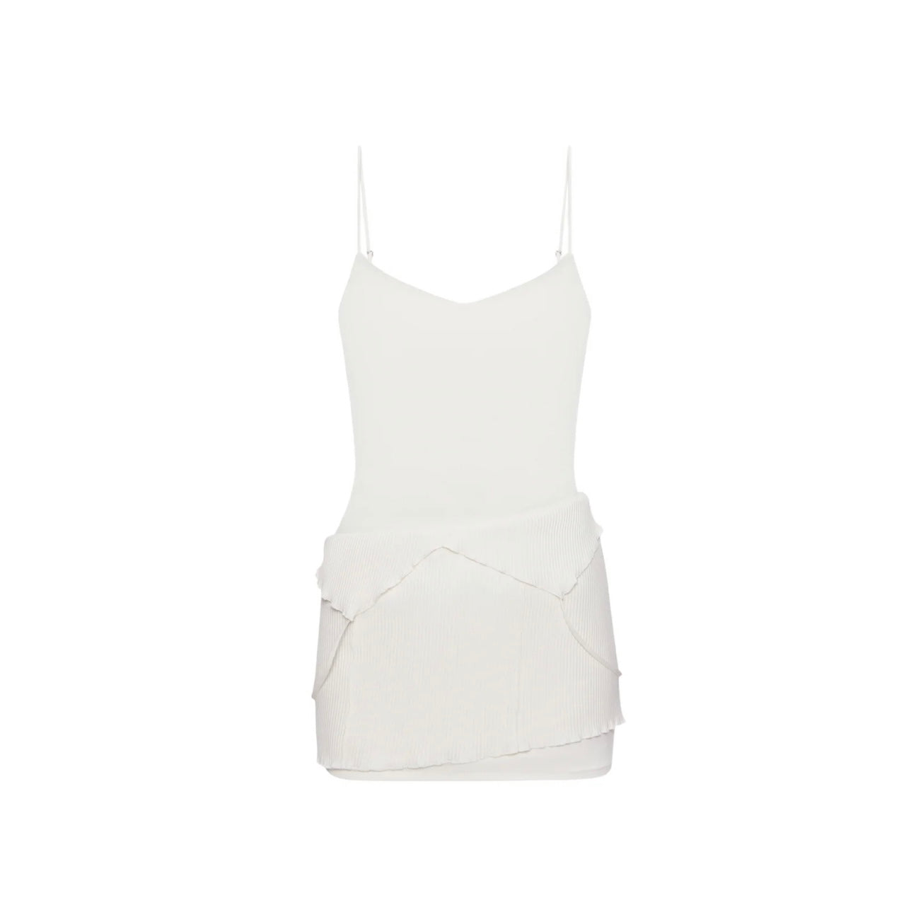 White spaghetti-strap mini dress with layered skirt