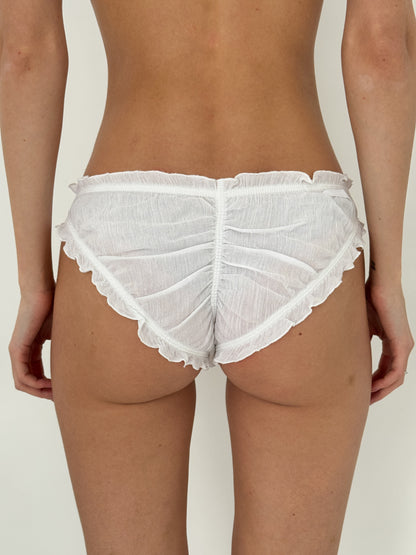 White tanga panties with ruffled back and exposed center seam