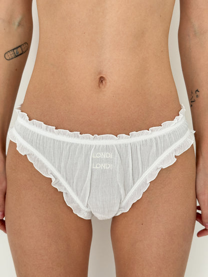 White ruffle-edge tanga with elastic waistband and LONDI logo center