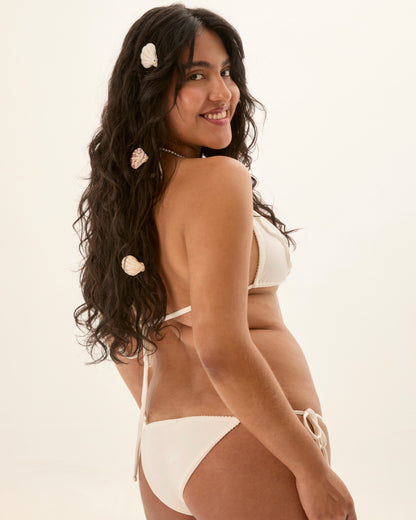 White bikini bottom with side tie strings, low-rise front