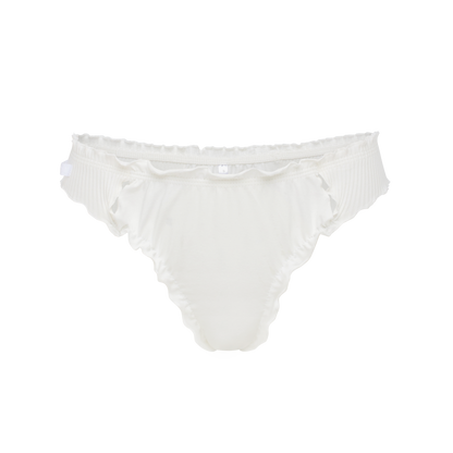 White wavy tanga-style underwear with ruched edges and elastic waistband