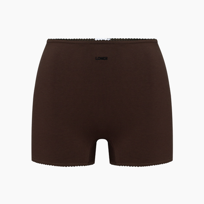 Brown basic shorts with elastic waistband and small front logo