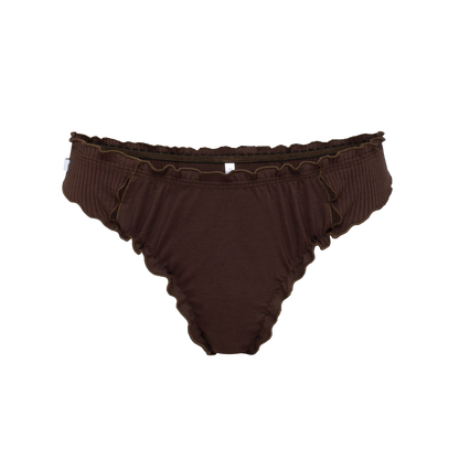 Brown wavy tanga thong with ruffled trim and ruched elastic waistband