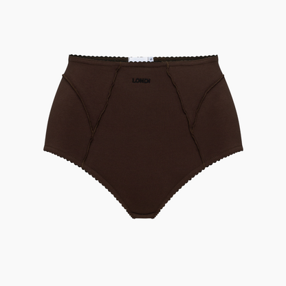 Brown high-waisted brief with scalloped lace trim and logo at center front