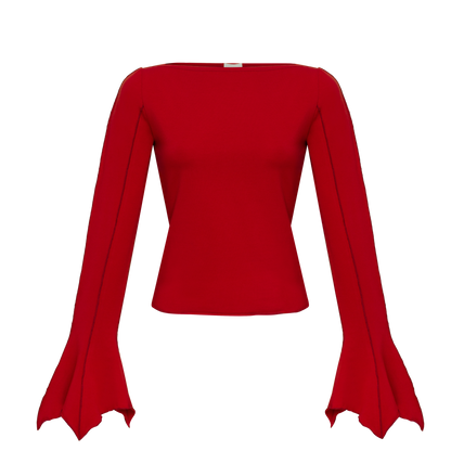 Burgundy draped long-sleeve top with rounded neckline and gathered shoulders
