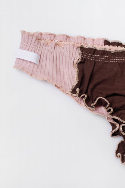 Pink ribbed waistband and brown panel tanga panties with scalloped lace edge