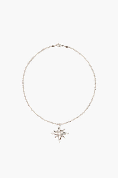 Moon necklace with pearl-bead chain and silver starburst charm