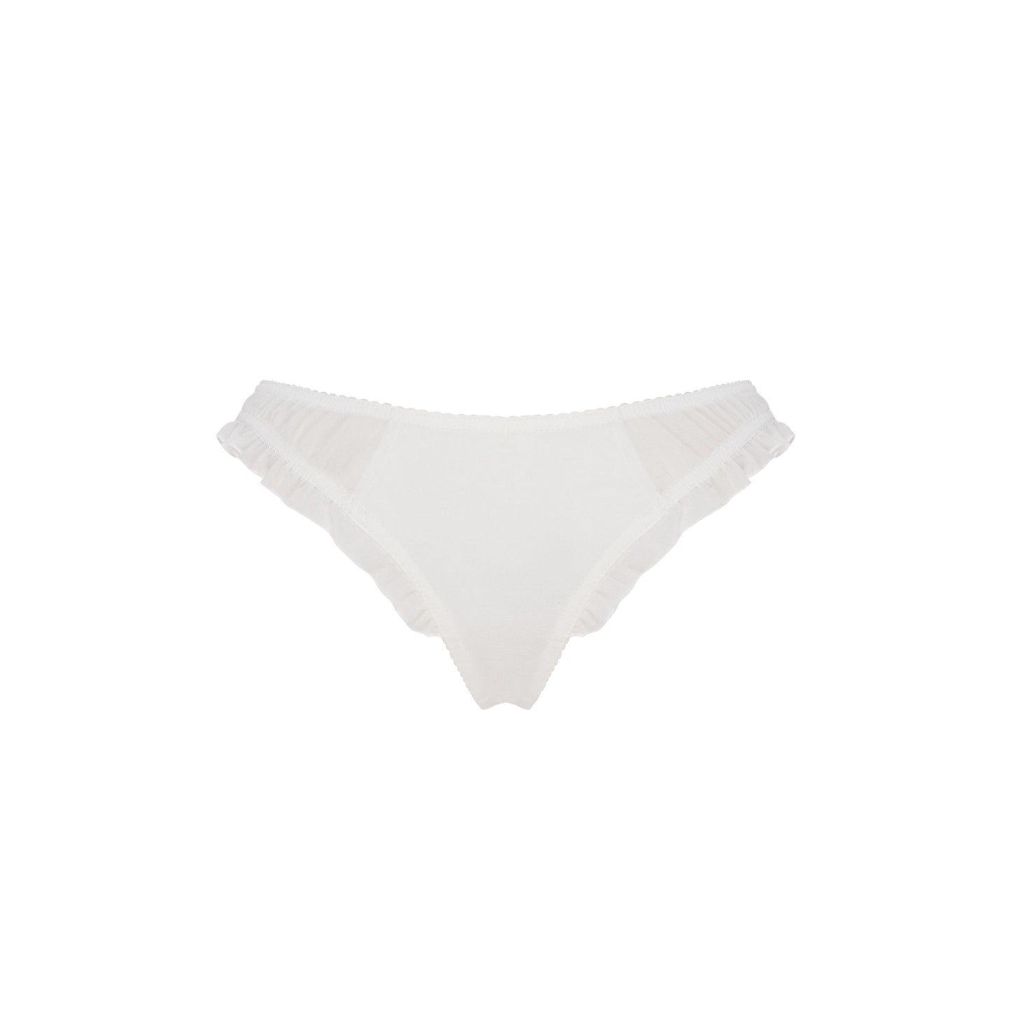 White ruffle-edged tanga with smooth back and no visible heart detail