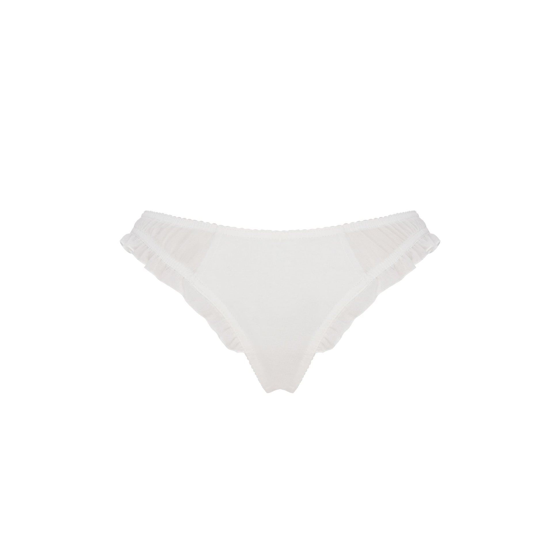 White ruffle-edged tanga with smooth back and no visible heart detail