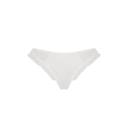 White ruffle-edged tanga with smooth back and no visible heart detail