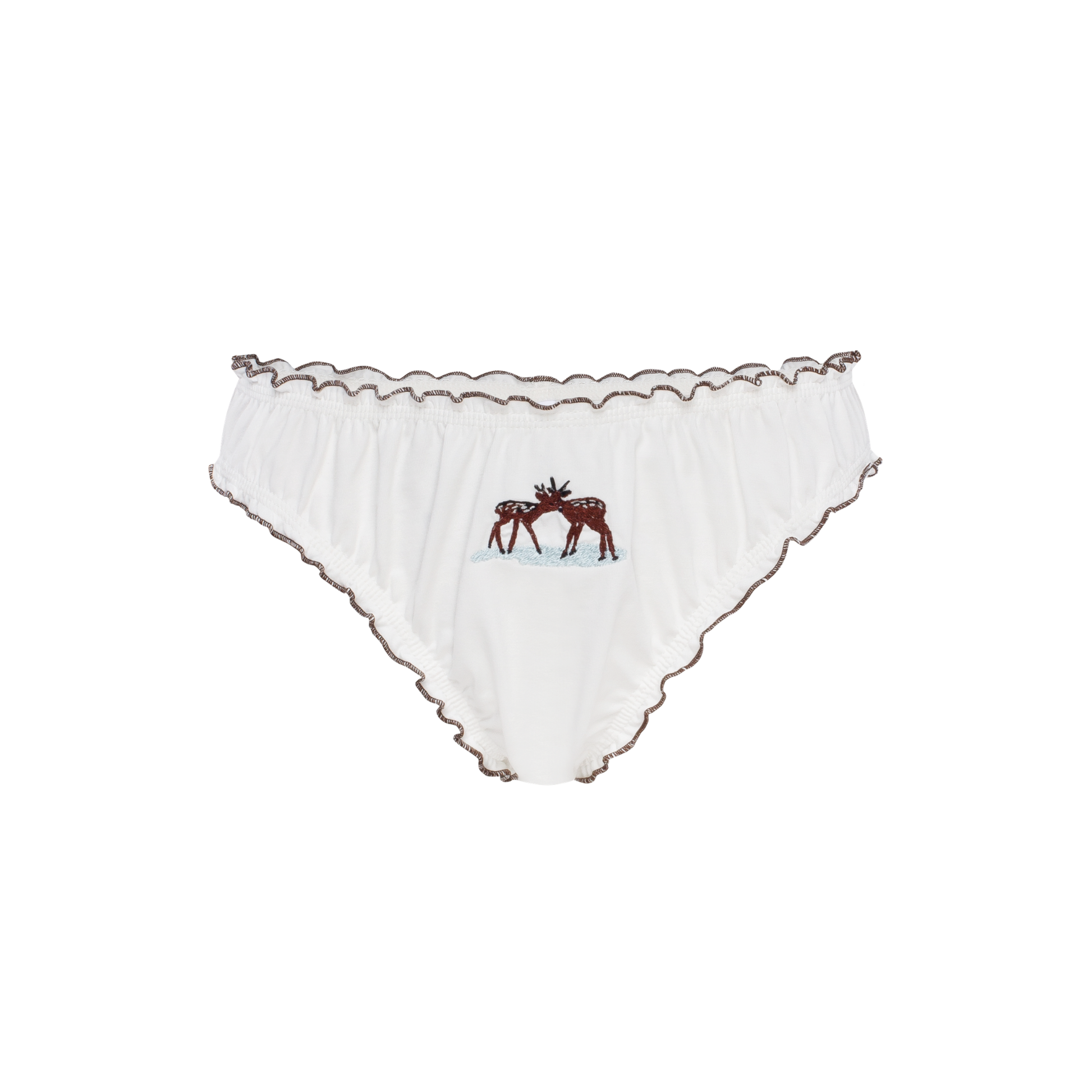 White tanga underwear with wavy trim and deer embroidery at center front