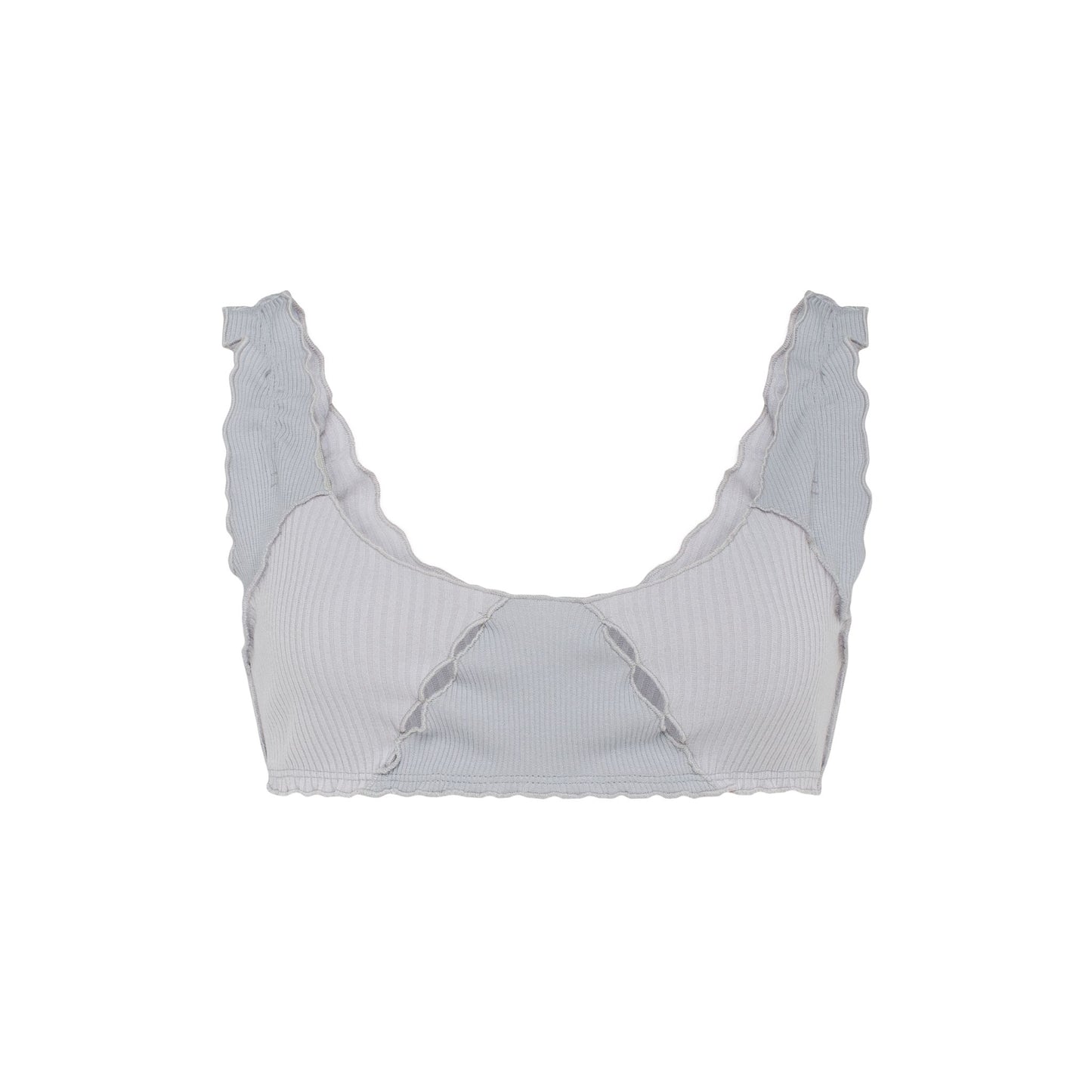 Light blue ribbed bralette with scalloped neckline and tie accents