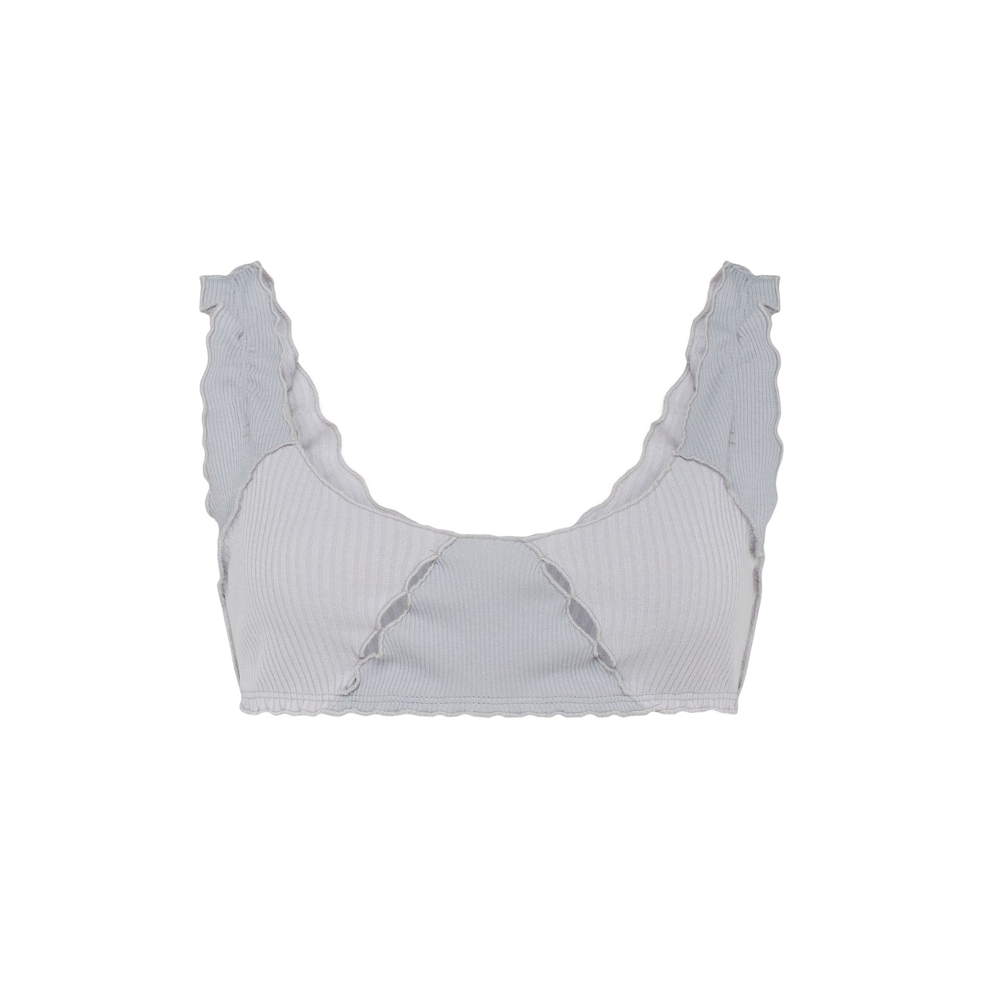 Light blue ribbed bralette with scalloped neckline and tie accents