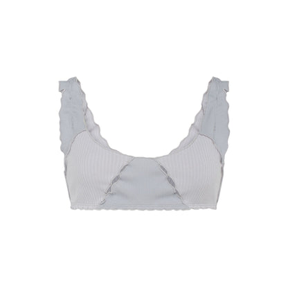 Light blue ribbed bralette with scalloped neckline and tie accents
