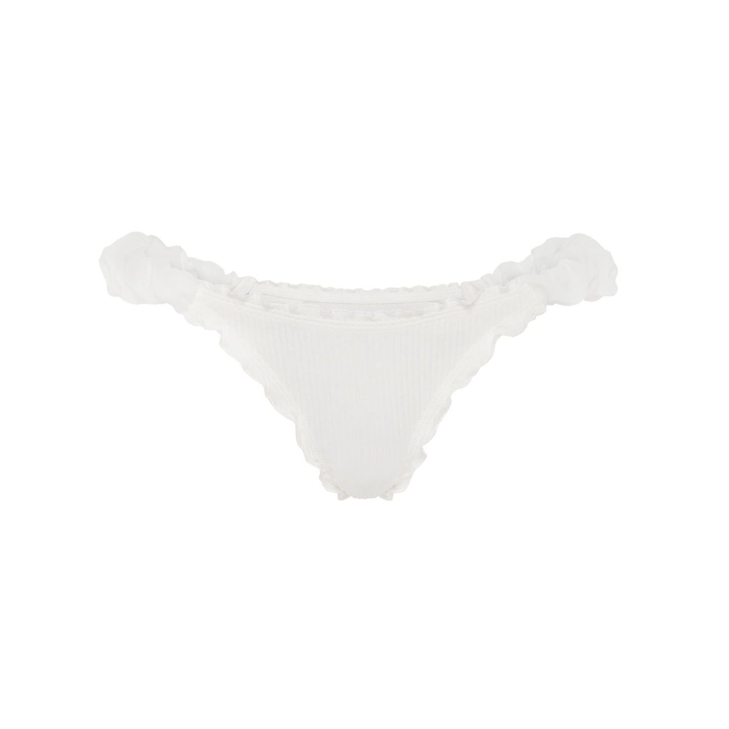 White ribbed tanga underwear with ruffled edges along hips and string sides