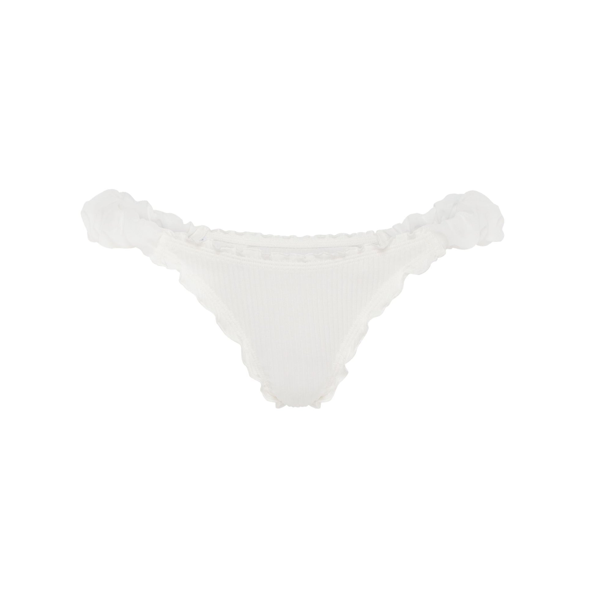 White ribbed tanga underwear with ruffled edges along hips and string sides