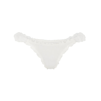 White ribbed tanga underwear with ruffled edges along hips and string sides