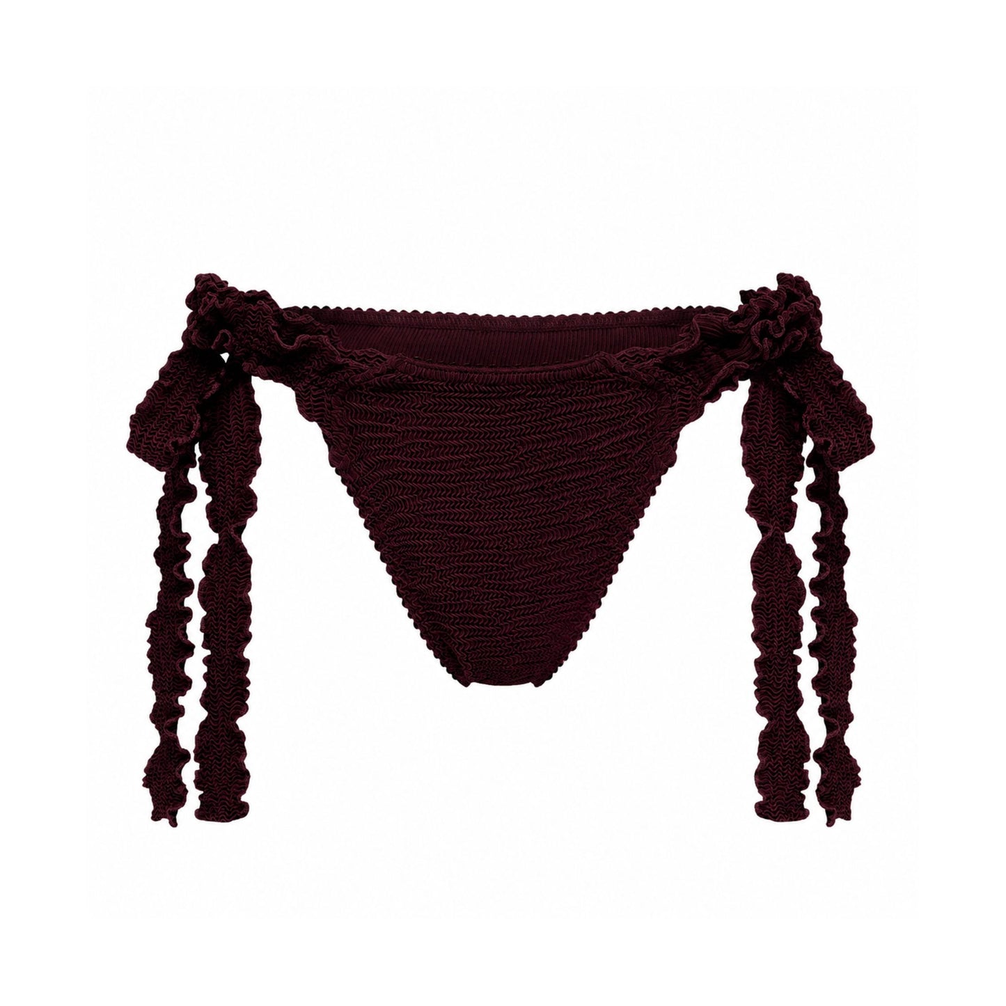 Bikini tanga bottoms in dark burgundy with side tie tassels