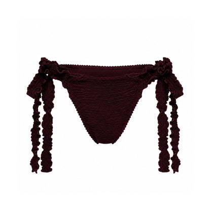Bikini tanga bottoms in dark burgundy with side tie tassels