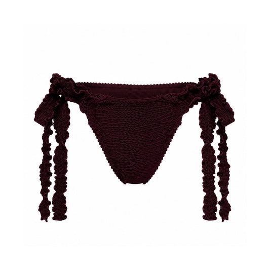 Bikini tanga bottoms in dark burgundy with side tie tassels