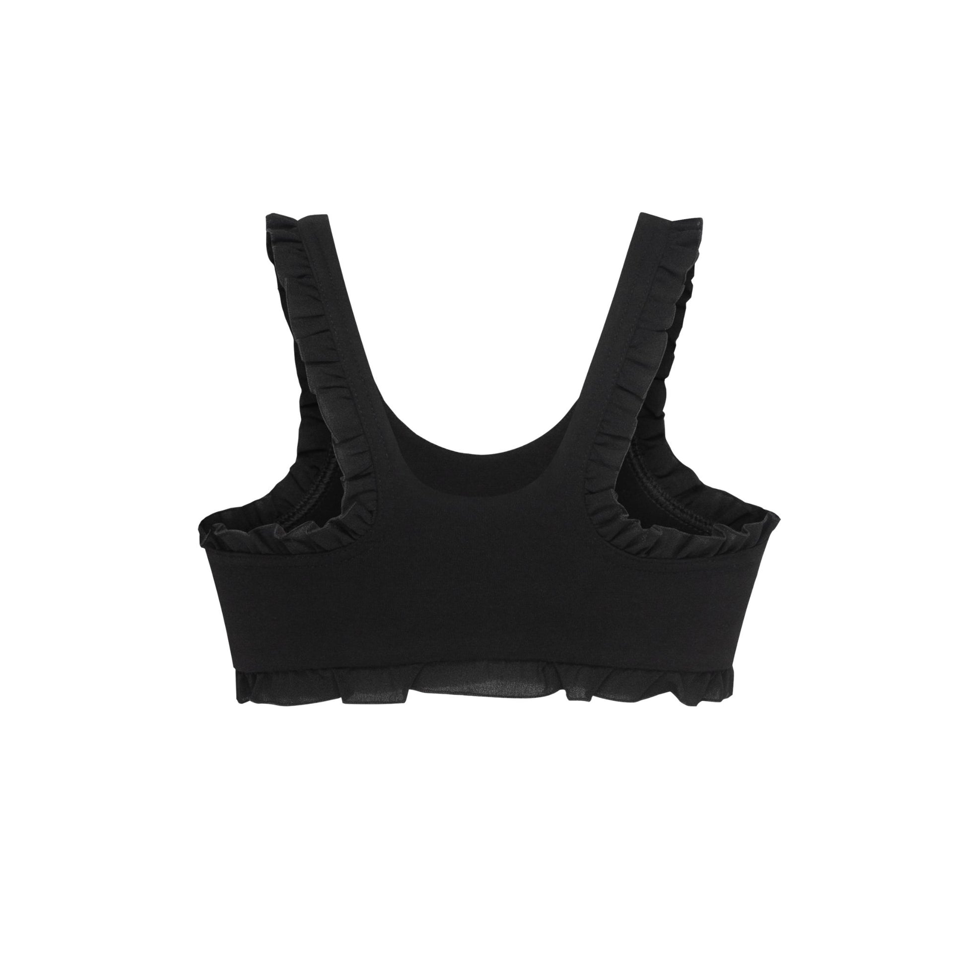 Black ruffled crop top with ruffle straps and scoop back, no visible graphic