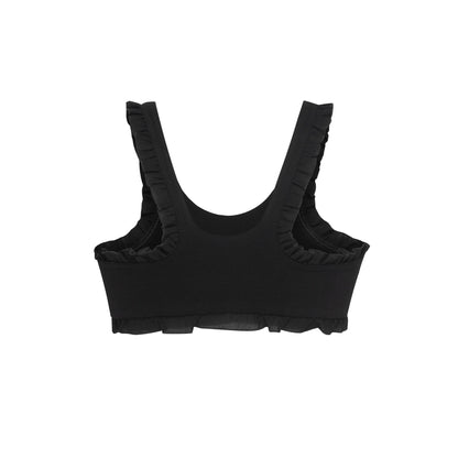 Black ruffled crop top with ruffle straps and scoop back, no visible graphic