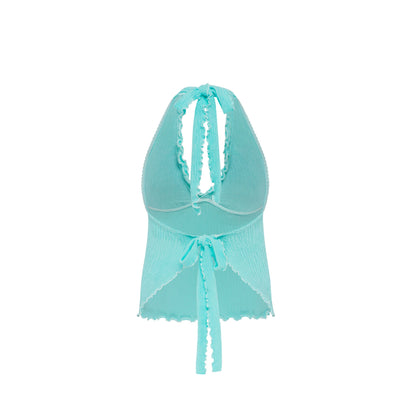 Mint tankini top with open back and tied halter straps