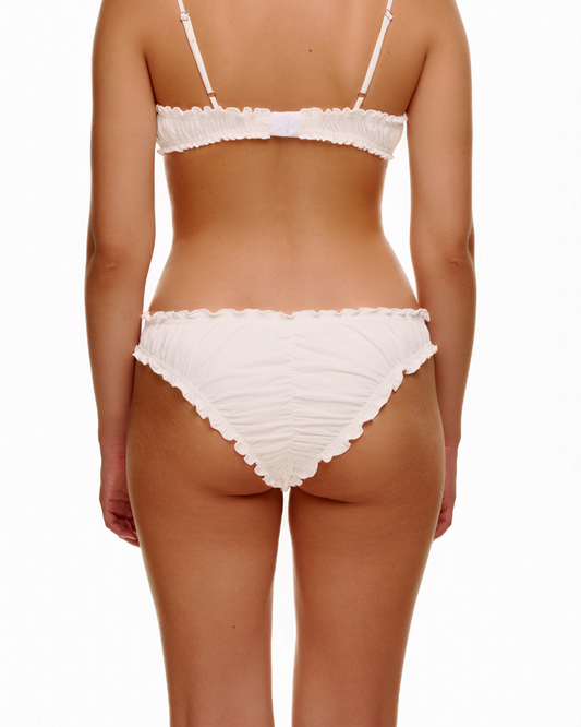 Back view of white ruffled tanga underwear with a ruched center