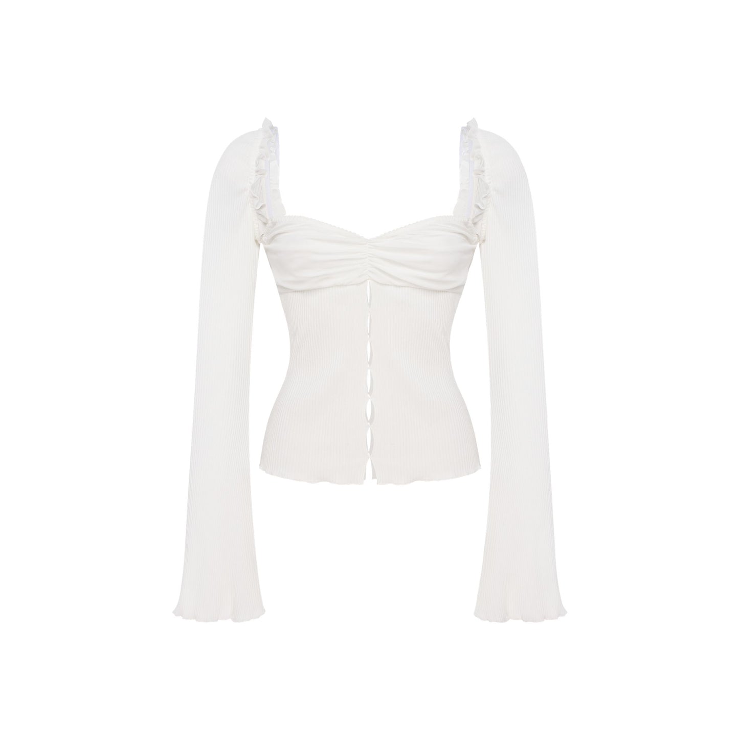 White top with draped sweetheart neckline and long flared sleeves, fitted ribbed knit