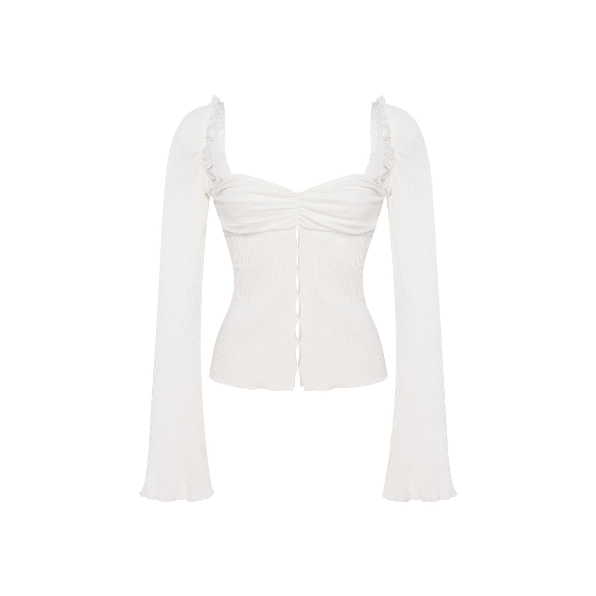 White top with draped sweetheart neckline and long flared sleeves, fitted ribbed knit